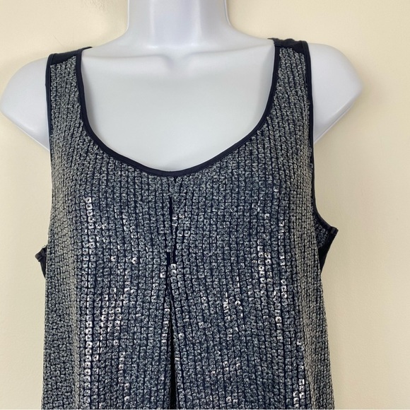 ECRU Navy Sequin Flowy Tank Top Date Night Cocktail Event Size Medium Keyhole - Picture 2 of 5